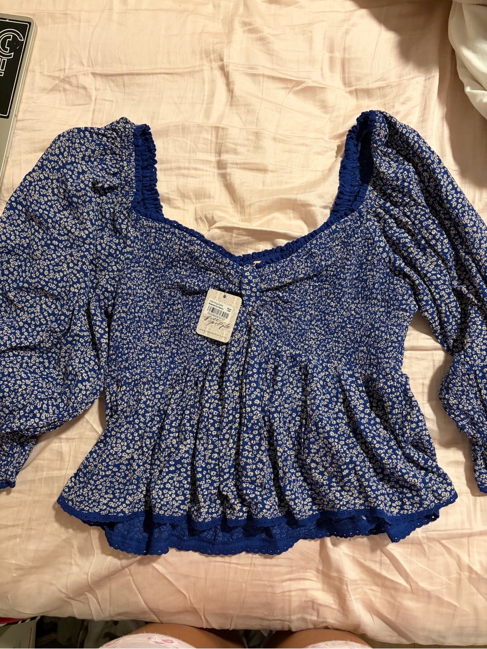 Free People Royal Blue Floral Peplum Blouse